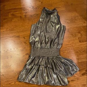 RAMY BROOK GOLD FOIL PARIS SLEEVELESS MINI DRESS